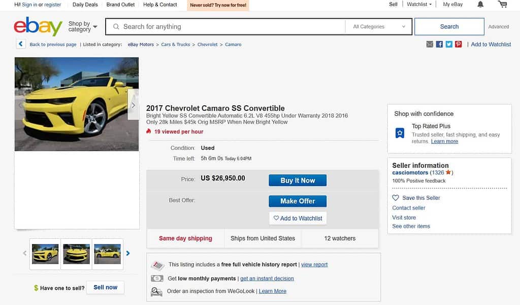 Screenshot from an eBay Motors listing for s used Chevy Camaro SS Convertible